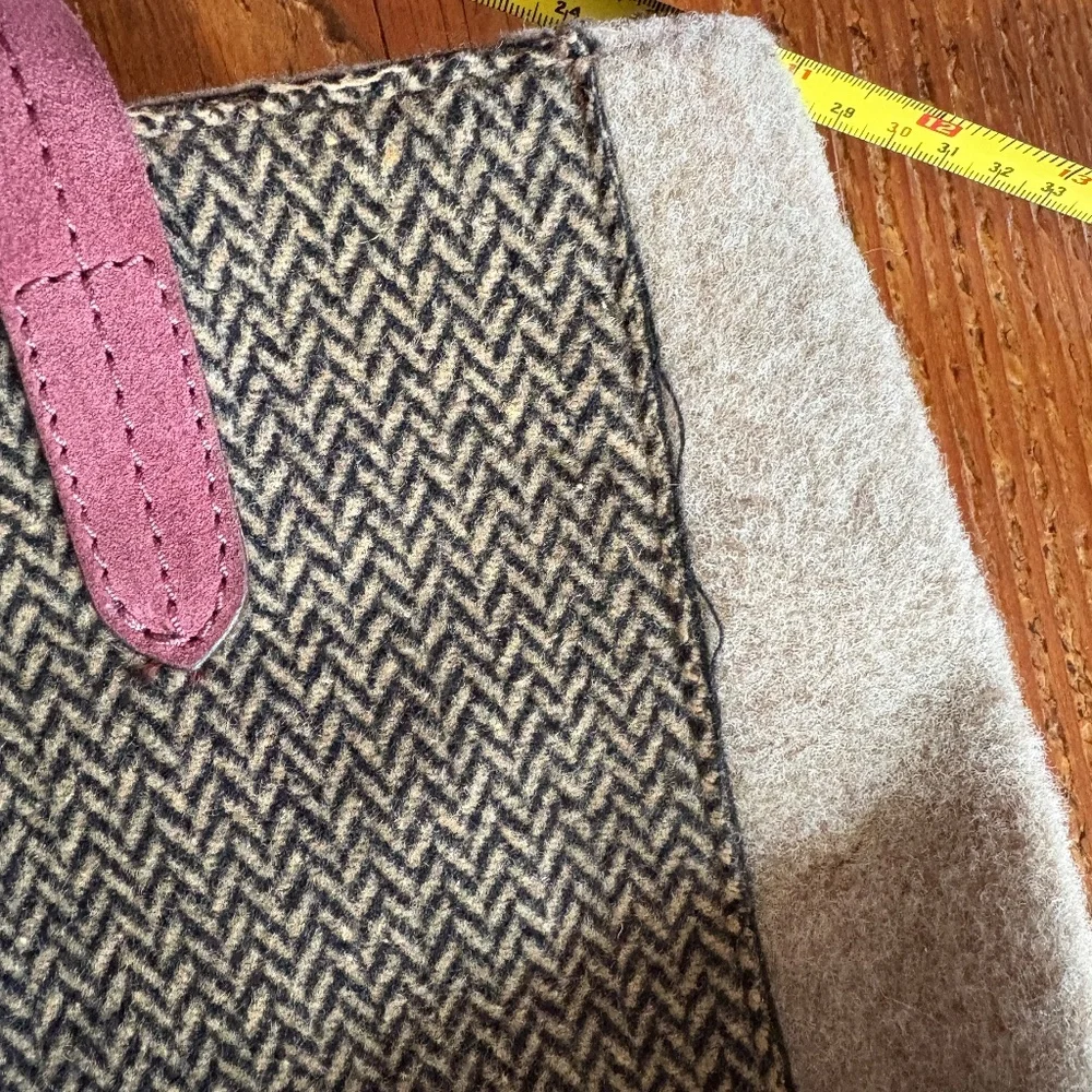 Frau Wool and Suede Tote Bag , Tan and Black Herringbone, Wine/Purple Italy